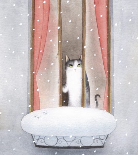 Illustration av en katt som tittar ut genom fönstret.