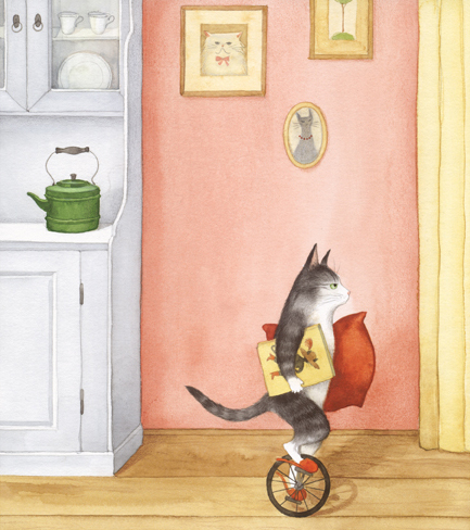 Illustration av en uttråkad katt på en monocykel