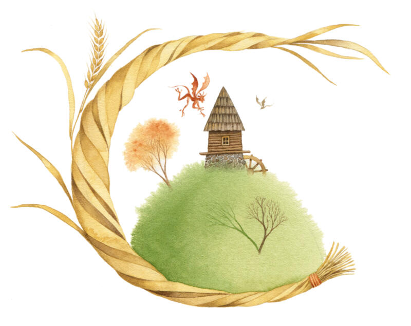 Akvarell illustration av en gammal kvarn som besöktes av djävulen