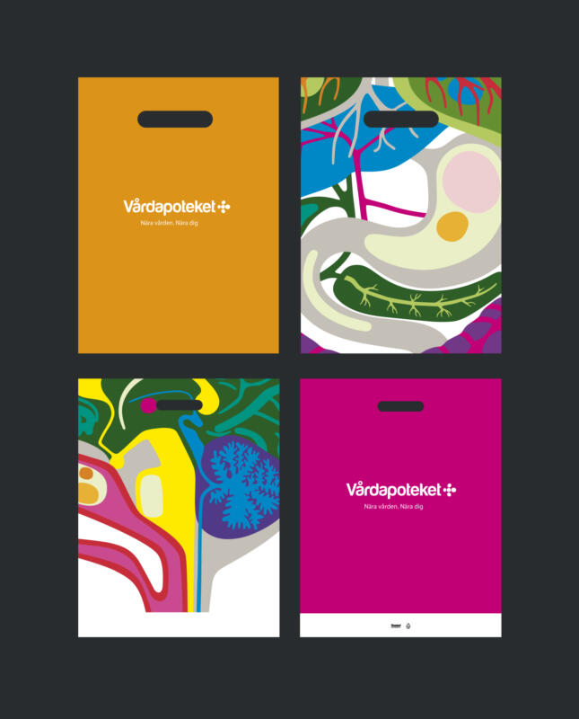 Kassar med grafiska illustrationer av kroppsdelar till apotek 