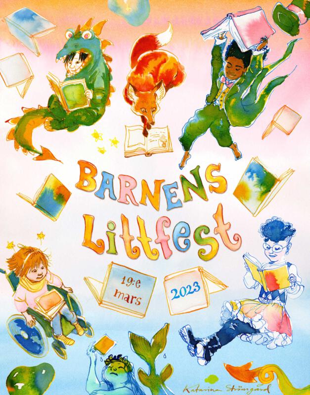 A poster for The children´s litteratur festival in Umeå, showing a diversity of children and a fox reading and listening to books.