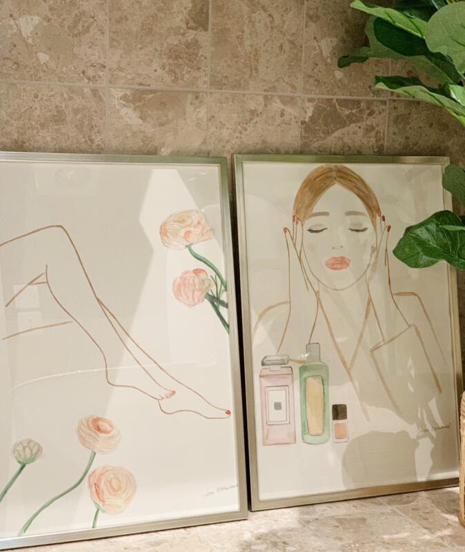 Originalmålningar till hudvårds- och fotvårdssalong. SPA, original artwork for skincare and feet salon´s luxurious powder room. Elevated spa experience with hand-painted wall-art. SPA décor, beauty packaging, perfumery design, elegant powder rooms