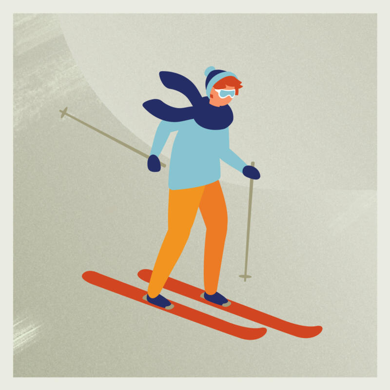 Vektorillustration med infographic stil för animering. Ett frilansuppdrag åt en reklambyrå som vill visualisera hur migrän kan komma i vägen för vardagens fina stunder. I detta fallet en person på skidor. 