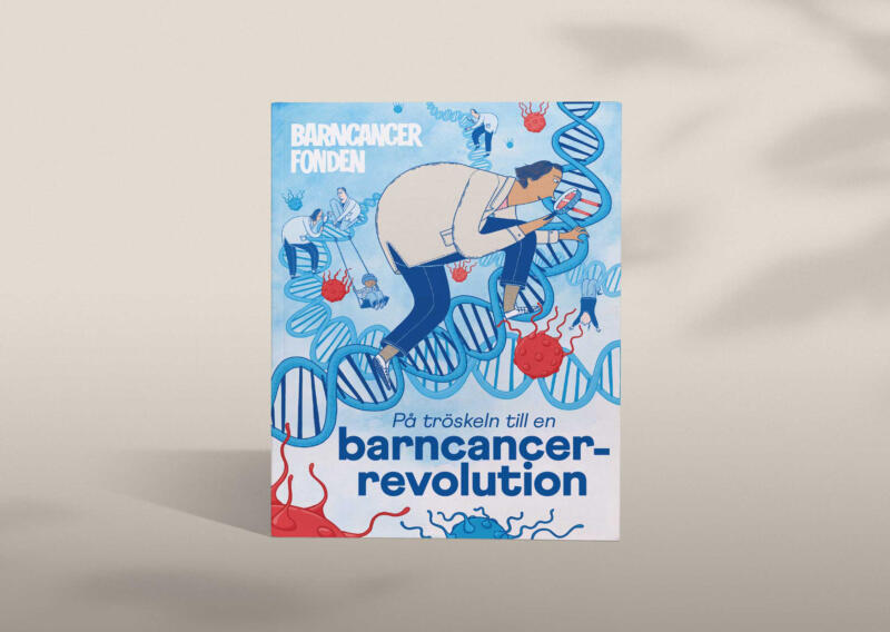 Barncancerfonden omslagsbild på forskningskrift illustration som visar att forskningen om DNA kan vara nyckeln till barncancern. 