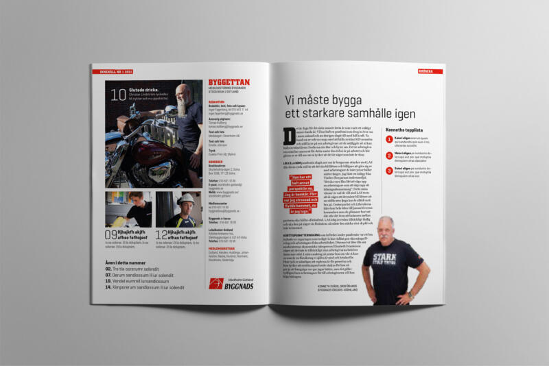 Redesignad layout av Byggnads medlemstidningar, inlaga med innehållsförteckning och ledare