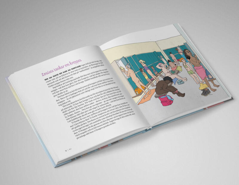 Inlaga, Pirret, livet, drivet. Fackbok för unga. Uppslag med kåserande text och illustration från ett omklädningsrum med många olika kropppar. 