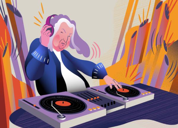 Färgglad illustration av Johann Sebastian Bach som spelar sitt dj-set.