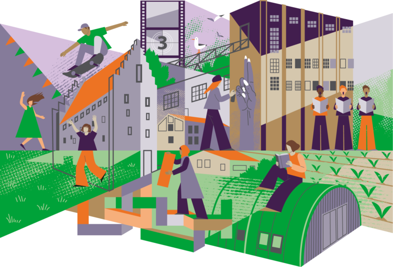 Livfull illustration som skildrar en kulturfestival med människor, färgglada mönster och dynamiska former. En visuell hyllning till mångfald, kreativitet och gemenskap. Vibrant illustration depicting a cultural festival with people, colorful patterns and dynamic shapes. A visual celebration of diversity, creativity and community.