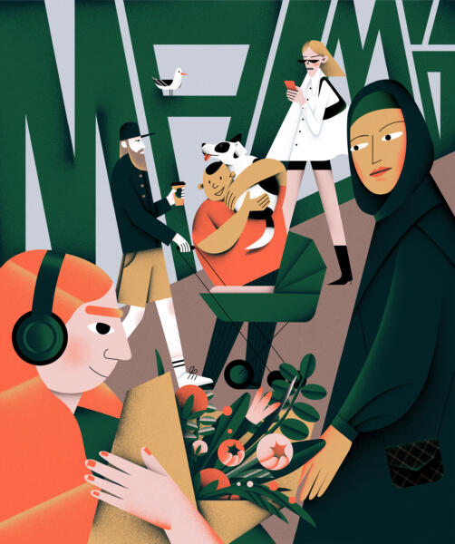 Illustration av en stadsscen i Malmö med människor av olika bakgrunder. En kvinna med hörlurar bär blommor, en man dricker kaffe, en annan kramar en hund vid en barnvagn. Bakgrunden har stiliserad text och geometriska former.