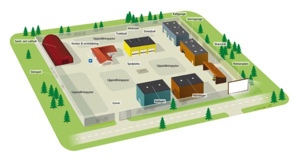 Översiktsbild på en vägstation med uppställningsytor, hallar, garage, kontor, reklamplats, stängsel