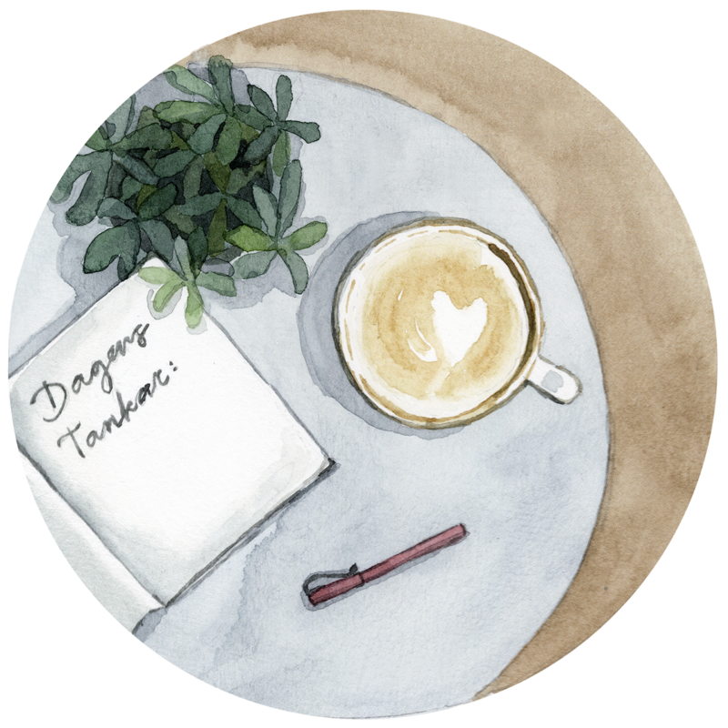 Kaffekopp på ett bord, en penna och ett anteckningsblock med texten "Dagens tankar".