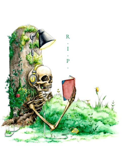 Illustration föreställande ett skelett som läser en bok och lyssnar på musik i hörlurar till en Ipod. Hen vilar mot en gravsten med gräs och mossa som täcke. Gravstenen har ett eluttag som är kopplat till en läslampa, fäst i stenens övre del.