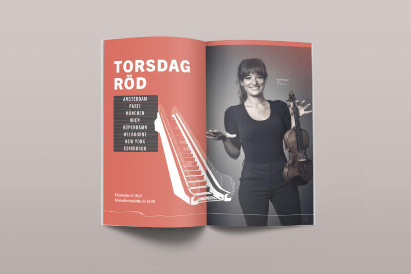 Bild på en kvinnlig violinsolist samt en illustrerad rulltrappa. 