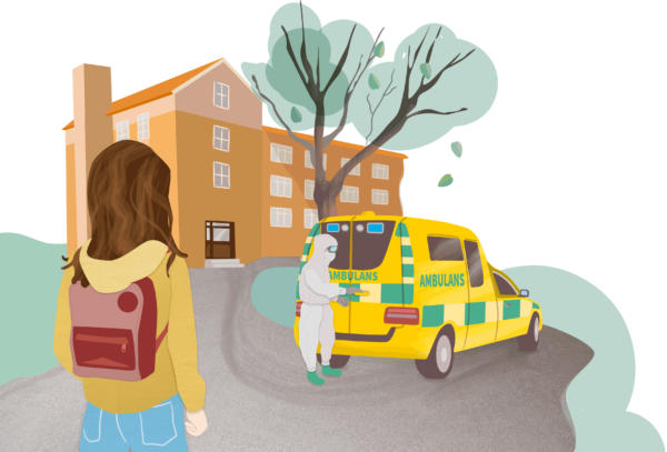 Ramona i gul jacka, tittar på en heltäckt sjukvårdare som stänger dörren till en ambulans.