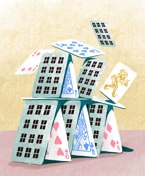 tecknad bild, tecknat, ritad illustration, illustration, svensk illustratör, illustratör, handtecknat, handritat, handritad illustration, Procreate, digital illustration, digitalt måleri, digitalt målat, digitalt tecknat, ide, visualisering, krita, pastell, modern, kort, spelkort, korthus, bostadsmarknaden, kollaps