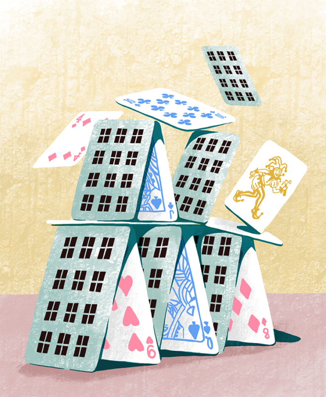 tecknad bild, tecknat, ritad illustration, illustration, svensk illustratör, illustratör, handtecknat, handritat, handritad illustration, Procreate, digital illustration, digitalt måleri, digitalt målat, digitalt tecknat, ide, visualisering, krita, pastell, modern, kort, spelkort, korthus, bostadsmarknaden, kollaps