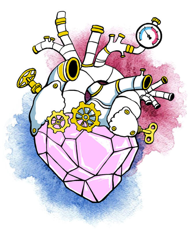 akvarell, tecknad bild, tecknat, vattenfärg, illustration, svensk illustratör, illustratör, handtecknat, handritat, handritad illustration, hjärta, steam punk, mekanik, teknik, tryck, tryckmätarem hjärtfel, hjärtsvikt, hjärtsjukdomar, hjärtsjukdom, felande hjärta, hjärta som krånglar, blandteknik, Procreate, forskning, studie, Uppsala universitet,