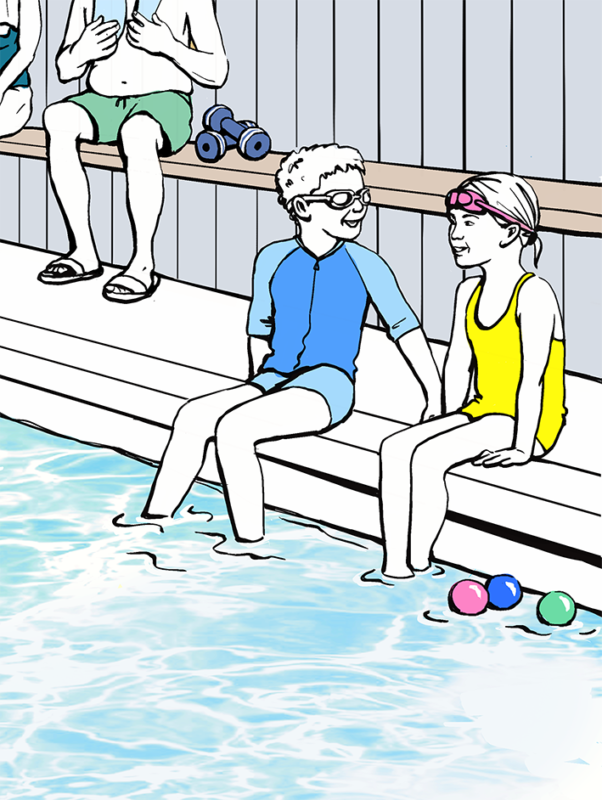 akvarell, tecknad bild, tecknat, vattenfärg, illustration, svensk illustratör, illustratör, handtecknat, handritat, handritad illustration, reklam, marknadsföring, människor, lokal, badhus, simskola, babysim, trampoolin, pool, bad, simhall, barn, äldre, vattenträning