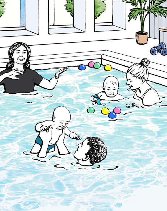 akvarell, tecknad bild, tecknat, vattenfärg, illustration, svensk illustratör, illustratör, handtecknat, handritat, handritad illustration, reklam, marknadsföring, människor, lokal, badhus, simskola, babysim, trampoolin, pool, bad, simhall, barn, äldre, vattenträning