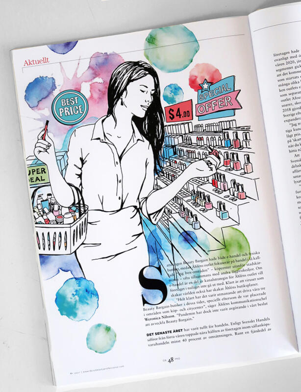 Akvarell, Digital illustration, Digitalt, Illustration, handtecknat, Skiss, Teckning, Tusch, Vektor, Visualisering, Tecknat, Visuell kommunikation, redaktionell, tidning, magasin, skönhet, kosmetik, daisy beauty, Daisy Beauty Professional, kosmetikbranschen, makeup, make up, hälsa, hudvård, skönhetstidning, smink, shopping, skönhetsmärke, skönhetsmärken, kvinna