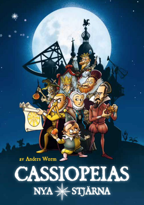 Front-page showing Tycho Brahe, Sofie Brahe, Johannes Keppler, Uraniborg, Emperor Rudolph II, Christian IV, the dwarf Jeppe holding apple, Erik lange, the alchemist, danish King Fredrik II , The moon and night sky.
