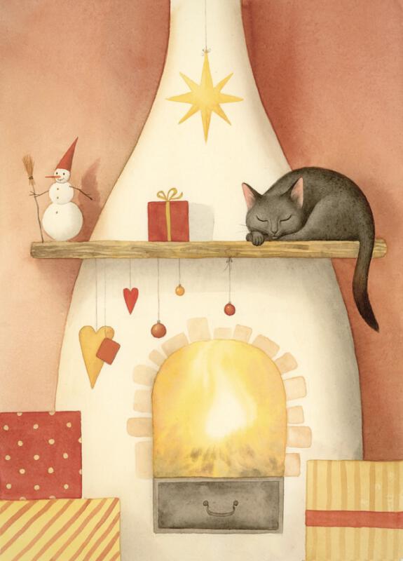 Illustration av en katt som sover ovanför en kamin i jultid