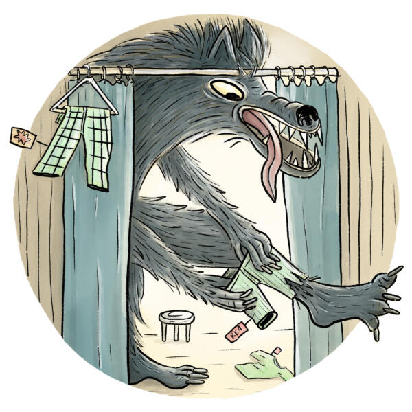 A werewolf tries on clothes