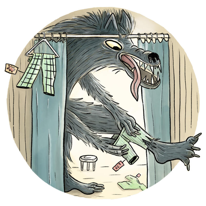 A werewolf tries on clothes