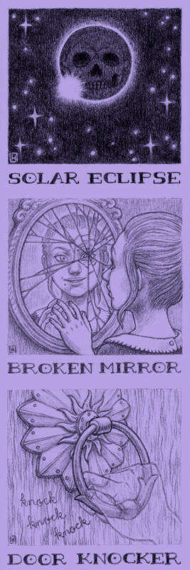 Three illustrations of a solar eclipse, a girl looking at her reflection in a broken mirror, and a ghost hand knocking on a door with a door knocker.