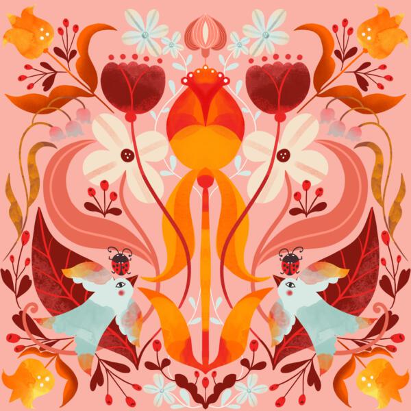 Fashion, stationery and textile pattern print design with birds, berries and leafs.