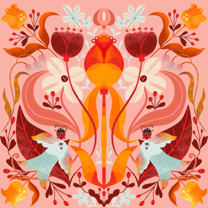 Fashion, stationery and textile pattern print design with birds, berries and leafs.