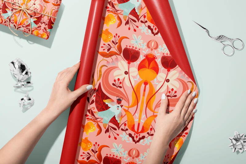 Stationery and textile pattern print design and illustration with birds, berries and leafs.