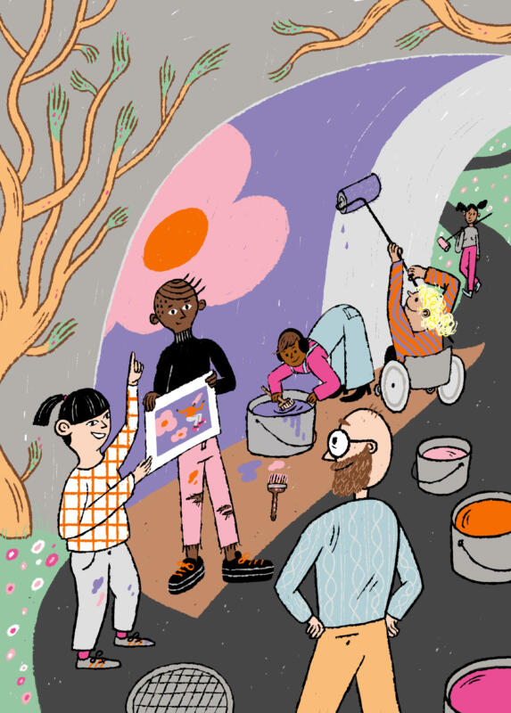 Kulturskolan. Digital illustration med barn i en blåsorkester som spelar tuba, trumpet och tvärflöjt.