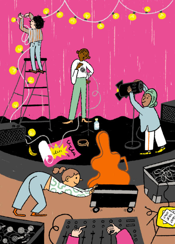 Kulturcrew, digital illustration med ungdomar som organiserar en konsert