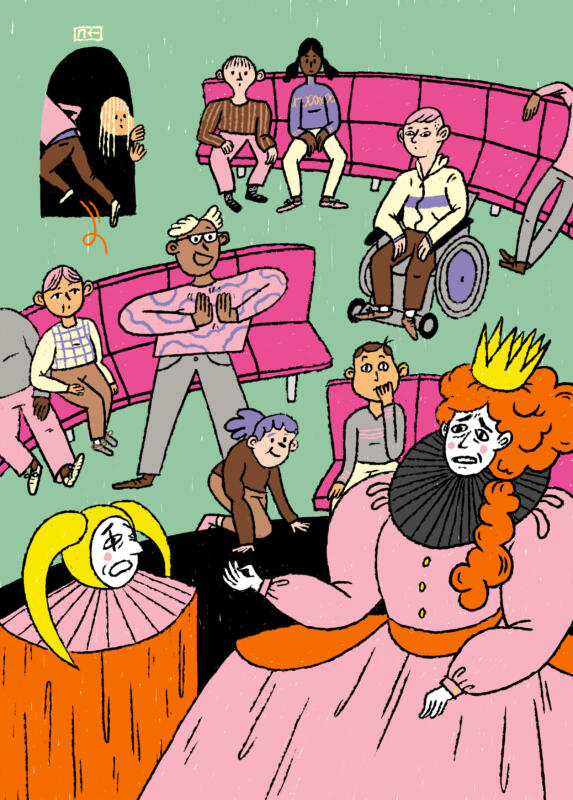 Relaxed performance. Digital illustration med en teaterföreställning där publiken får vara som den är och titta på sina egna villkor. Rullstol och busiga barn tittar på tillgänglig klassisk teater. 