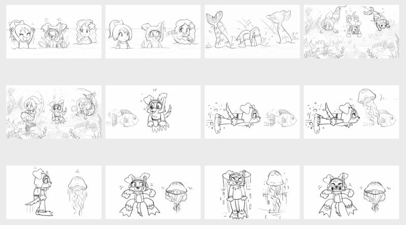 Storyboard som visar en flicka, hennes hund och en sjöjungfru som dyker ner i havet och simmar tillsammans.