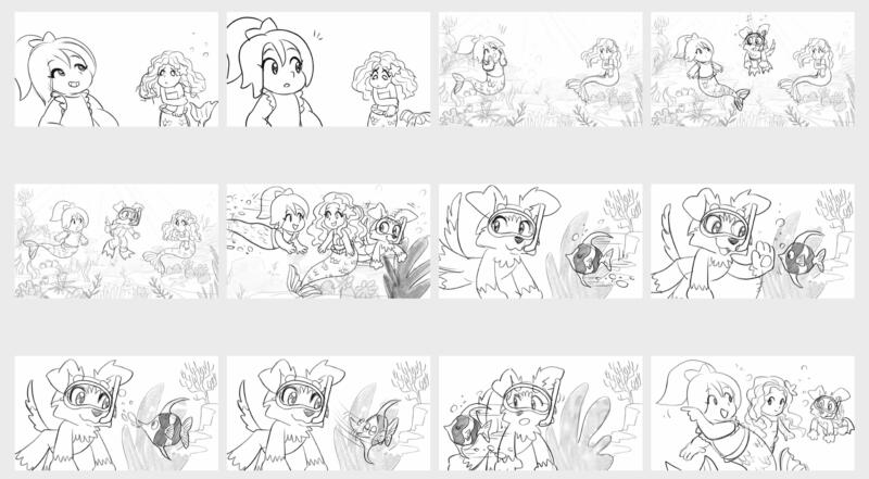 Storyboard som visar en flicka, hennes hund och en sjöjungfru som simmar långt ner i havet och pratar med fiskar.