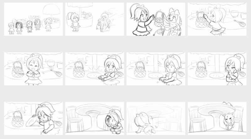 Storyboard som visar en hund som lämnar över en korg med jordgubbar till en flicka. Hon upptäcker att hennes våfflor är borta.