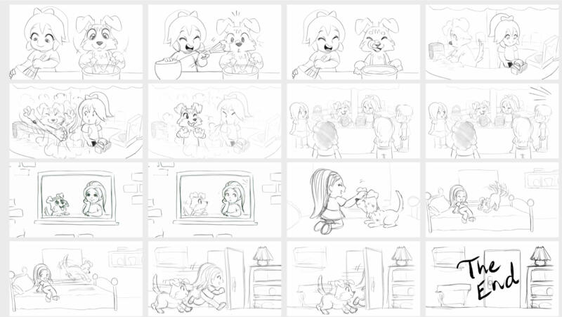Storyboard som visar en flicka och en hund som gör våfflor och leker tillsammans.