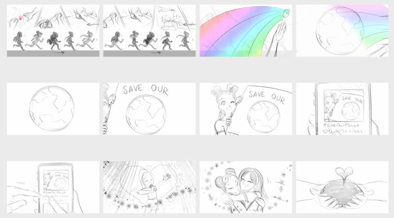 Bilder från storyboard som visar flickor som springer, pysslar, målar, demonstrerar för klimatet, sjunger, kramas och odlar.