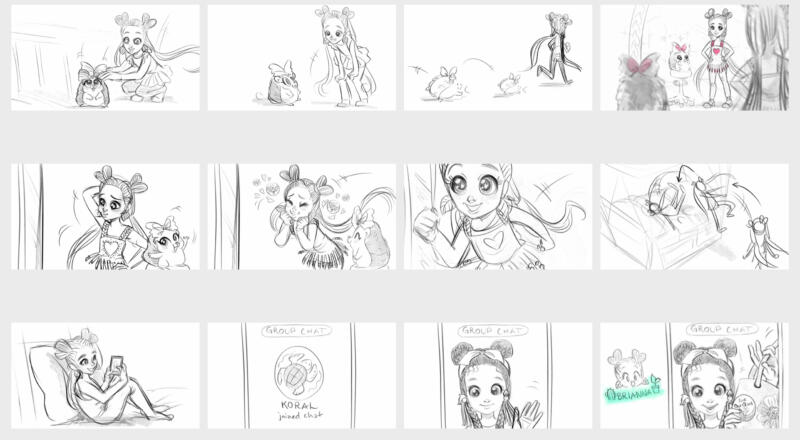 Bilder från storyboard som visar en flicka och hennes igelkott som kollar in sina kläder i en spegel, hoppar upp på sängen och har videosamtal med sina vänner.