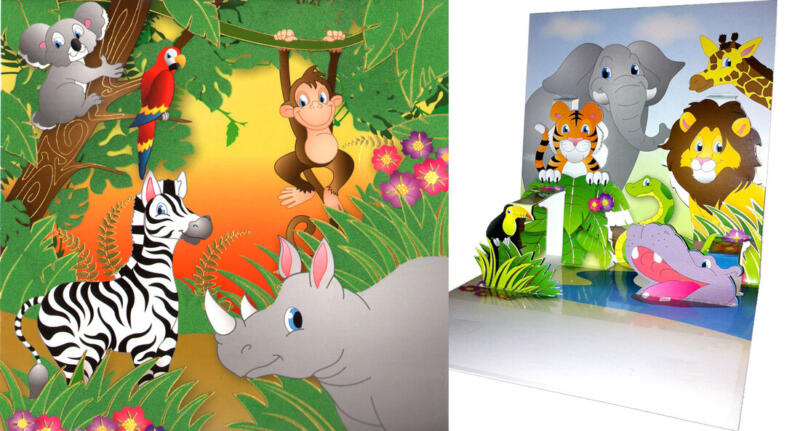 Gratulationskort med tecknad noshörning, zebra, apa, papagoja, koala, tiger, elefant, tukan, orm, flodhäst, lejon och giraff.