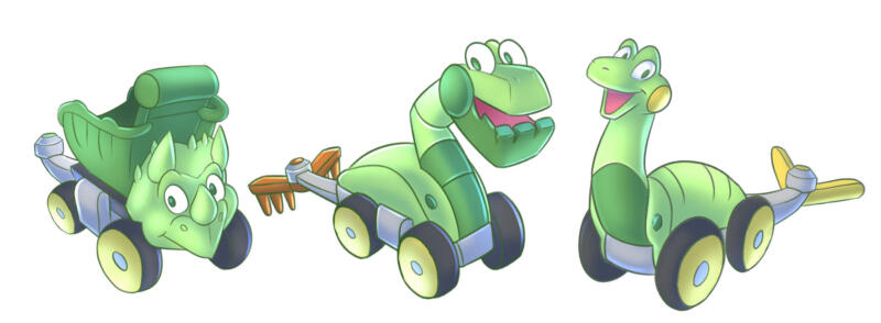 Teckning av byggfordon i form av glada gröna dinosaurier.
