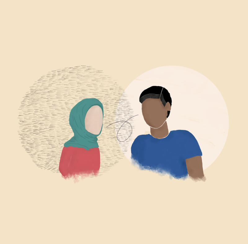 Denna illustration är gjord av samtalstipset "Lyssna för att förstå, inte för att svara". Den visar två överkroppar och huvuden på två figurer. Bakom den ena är en cirkel gjord av små svarta sträck och bakom den andra är en hel ljusbeige cirkel. Det går ett sträck mellan ansikterna. 