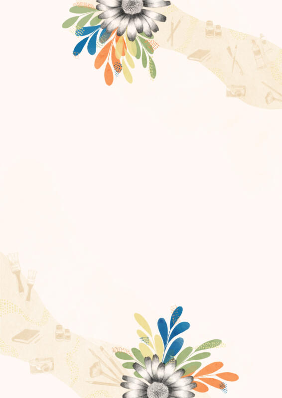 Illustrationer som visar konstnärsmaterial såsom böcker, målarfärg och penslar och kameror på ljus bakgrund, löv i olika färger och solblommor. 
