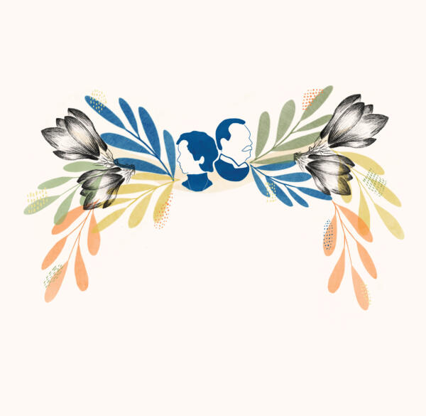 Närbild av illustrationen. Gul, grön, blå och orange löv och magnoliablommor på ljus bakgrund med siluetter av Gisela och Oscar Trapp i mitten.