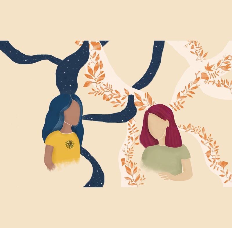 Denna illustration är gjord utifrån samtalstipset "När någon berättar något personligt ge tillbaka, det förenar". Den visar två överkroppar och två huvuden på två figurer. Från varje figur kommer linjer som flödar och går in i varandra. Den ena linjen är mörkblå med stjärnor och den andra är ljusbeige med orange blommor. 