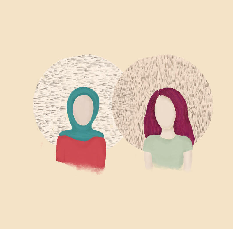 Denna illustration är gjord utifrån samtalstipset "Det är OK att ha olika åsikter och vara på olika sätt". Den visar två överkroppar och huvuden på två figurer sida vid sida. Bakom vardera figur är cirkel. Cirklarna har olika kulörer och svarta sträck som går åt olika håll.