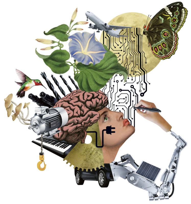 Människa, teknik, AI, robot, microchip, musik, kreativitet, innovation, vetenskap, idé