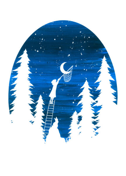 Screentryck med en vit siluett mot en blå stjärnklar himmel med en månskära i mitten. Siluetten föreställer en granskog och i mitten står en stege riktad upp mot himlen. Högst upp på stegen står en barn med en håv uppsträckt mot månen som ser ut att bli nerplockad i håven. På en sten nedanför stegen sitter en kanin och blickar upp mot barnet och månen.